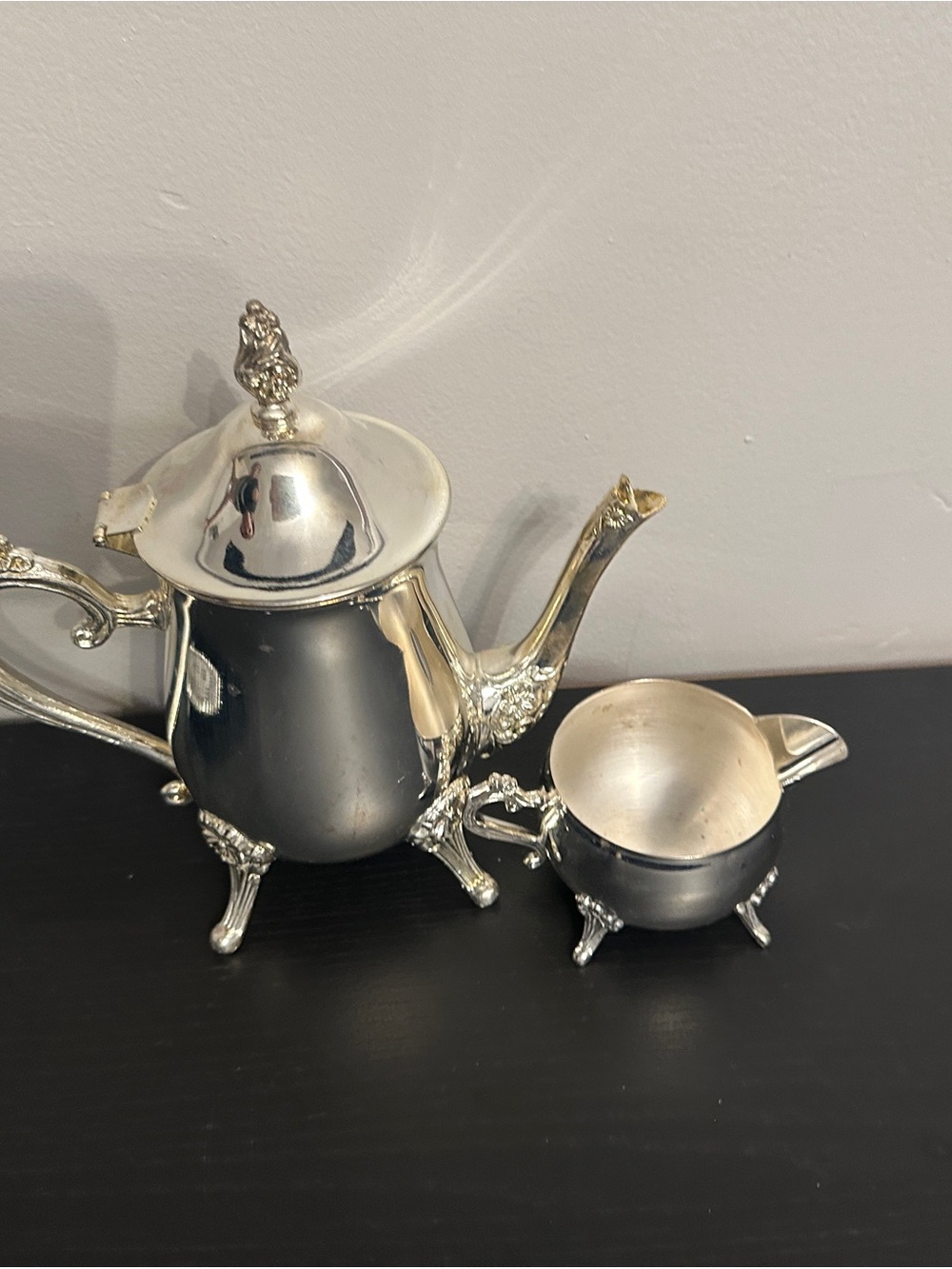 Vintage International Silver Co Silverplated Teapot & Creamer Set Ornate Footed